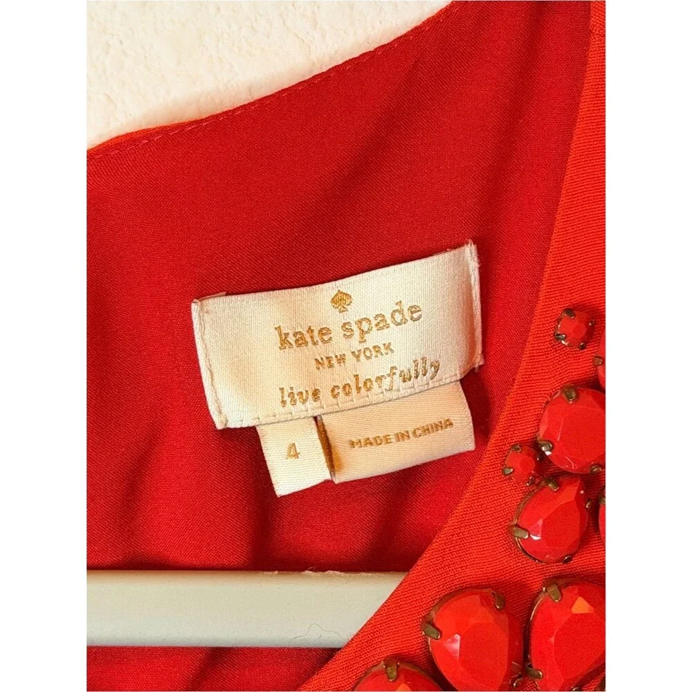 Kate Spade NY Live Colorfully Red Jewel Embellished Neckline Blouse 3/4 Sleeve 4